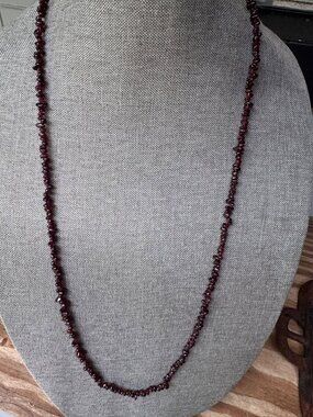 Vintage Garnet Chip Bead Necklace 25” Double Strand Dark Red Stone Boho Jewelry